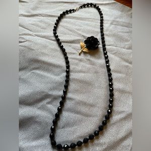 Vintage Trifari Black Rose Brooch and black beaded necklace